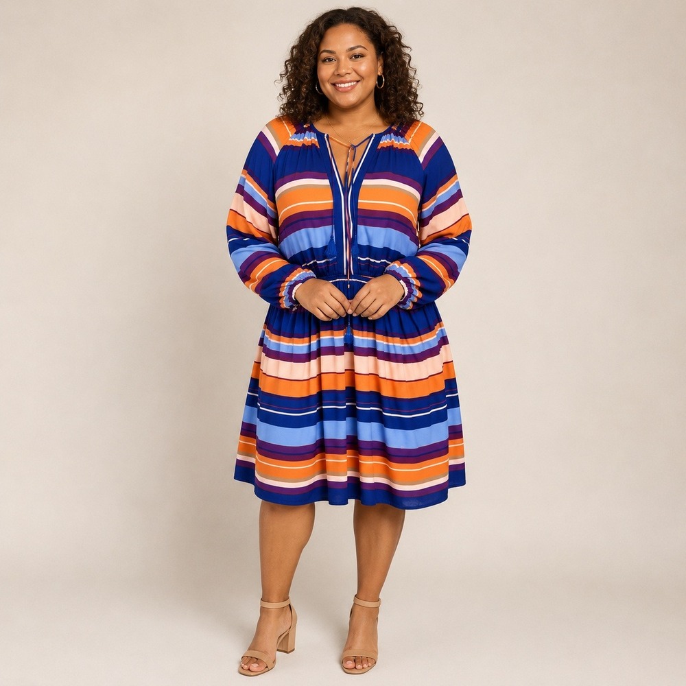 Eloquii Blue Orange Striped Tassel Tie Long Sleeve Boho Peasant Mini Dress Sz 20